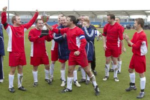 Chris fountain Bradford actor Coronation Street far left celebrating the 4 - 1 win over Emmerdale sm.jpg